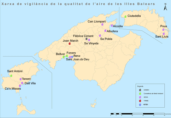Mapa de localització de les estacions de la Xarxa de Vigilància de la Qualitat de l'Aire de les Illes Balears.