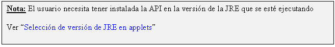 Cuadro de texto: Nota: El usuario necesita tener instalada la API en la versión de la JRE que se esté ejecutando
Ver “Selección de versión de JRE en applets” 
