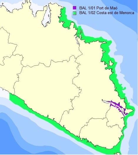 Mostra gràficament les zones de producció de mol·luscs a l'illa de Menorca
