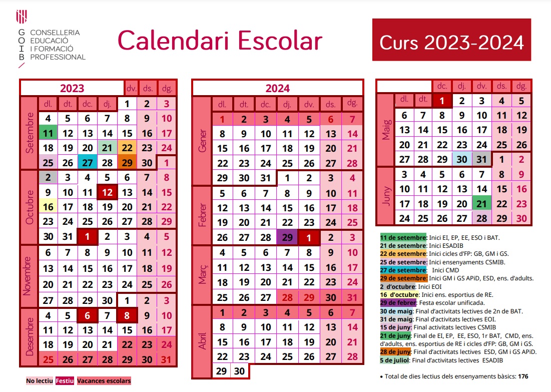 El curso escolar 2023-2024 empezará el día 11 de septiembre y acabará el 21  de junio