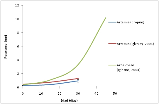 Comparació del creixement en pes sec de les paralarves obtingudes en el LIMIA respecte de les obtingudes a l'IEO de Vigo. 