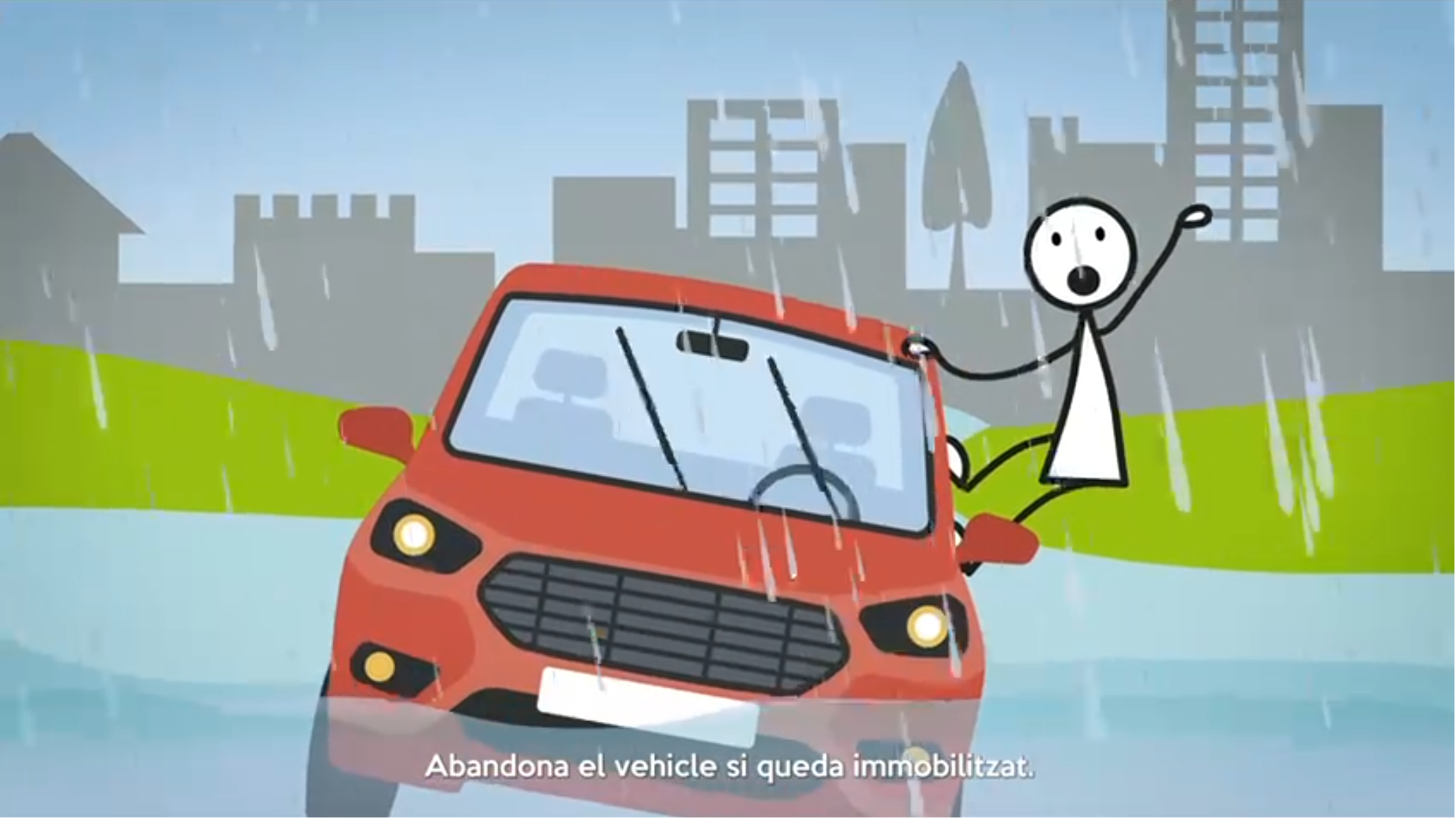 Cotxe vermell animat, mig submergit per una inundació, amb una figura sortint del vehicle i el text «Abandona el vehicle si queda immobilitzat» a la part inferior