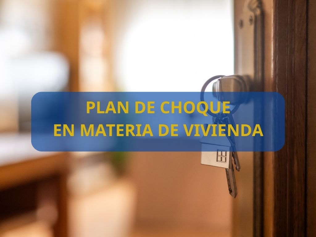 Imagen de unas llaves en una puerta con el lema «Plan de choque en materia de vivienda» encima